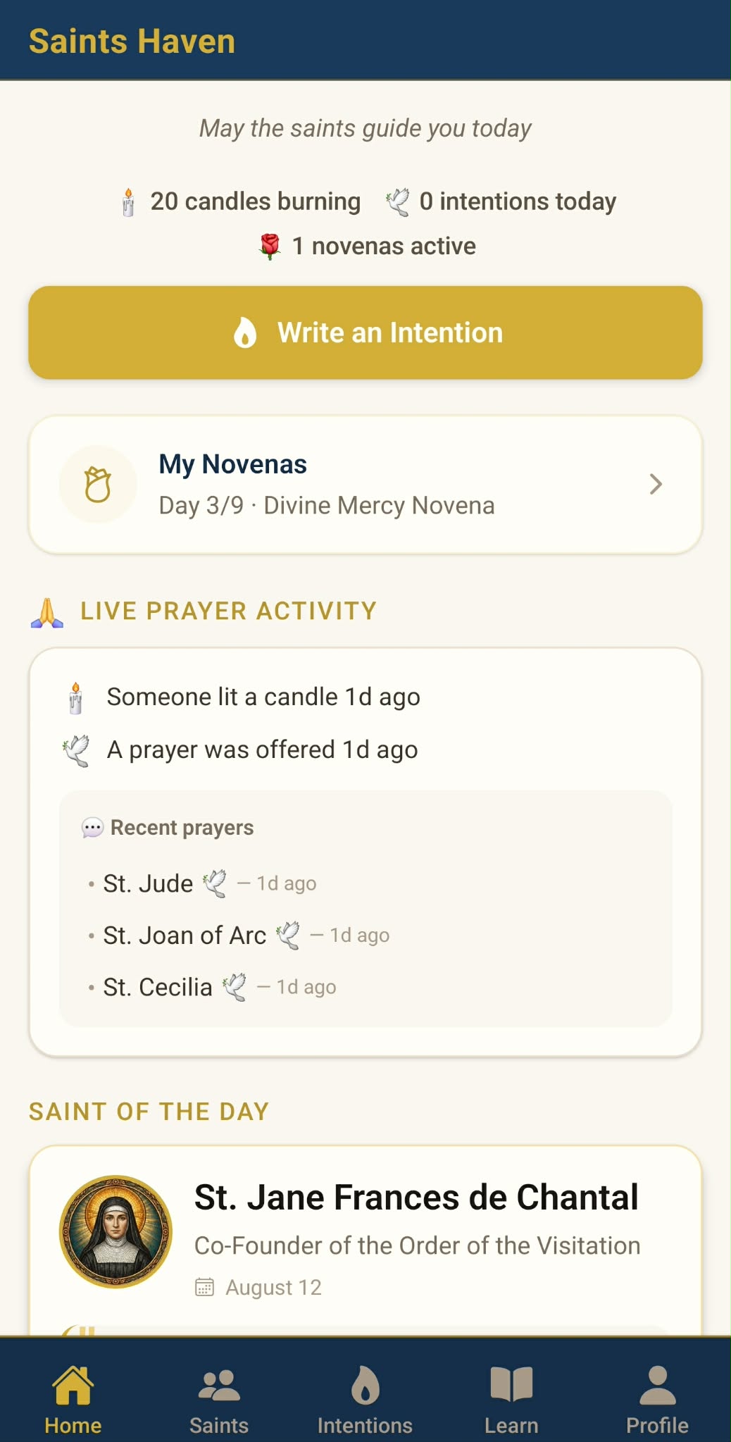Saints Haven app home screen showing live prayer activity, novenas, and saint of the day